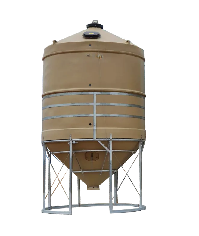 Heavy-duty poly fertiliser silo on a galvanised support frame