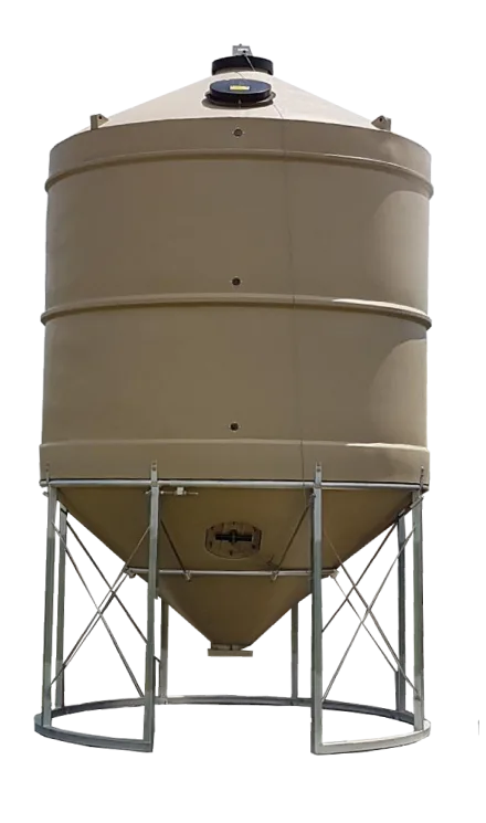 Standard poly fertiliser silo with cone outlet and galvanised support frame