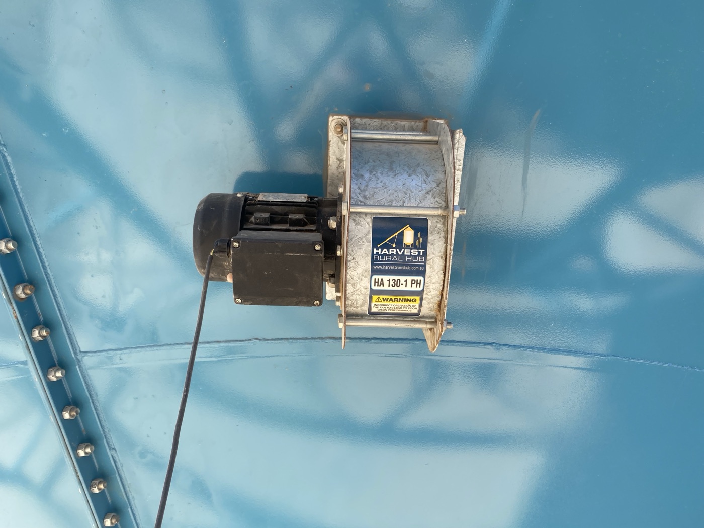 Harvest Rural Hub aeration fan mounted to a silo